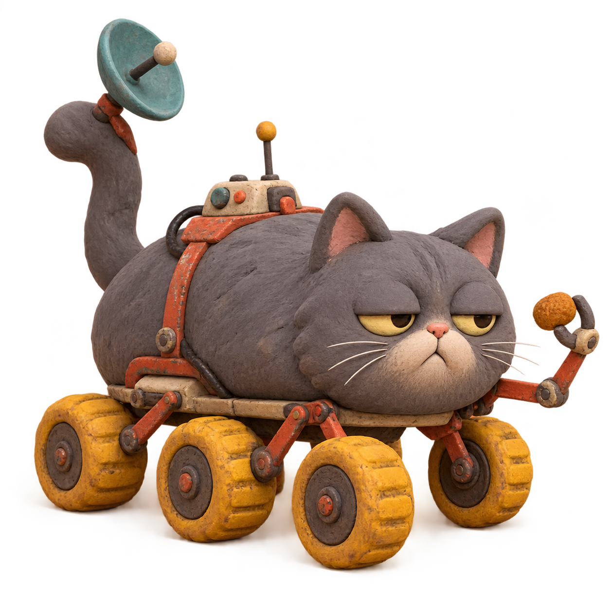 A bored gray cat loaf mounted on a six-wheeled Mars rover